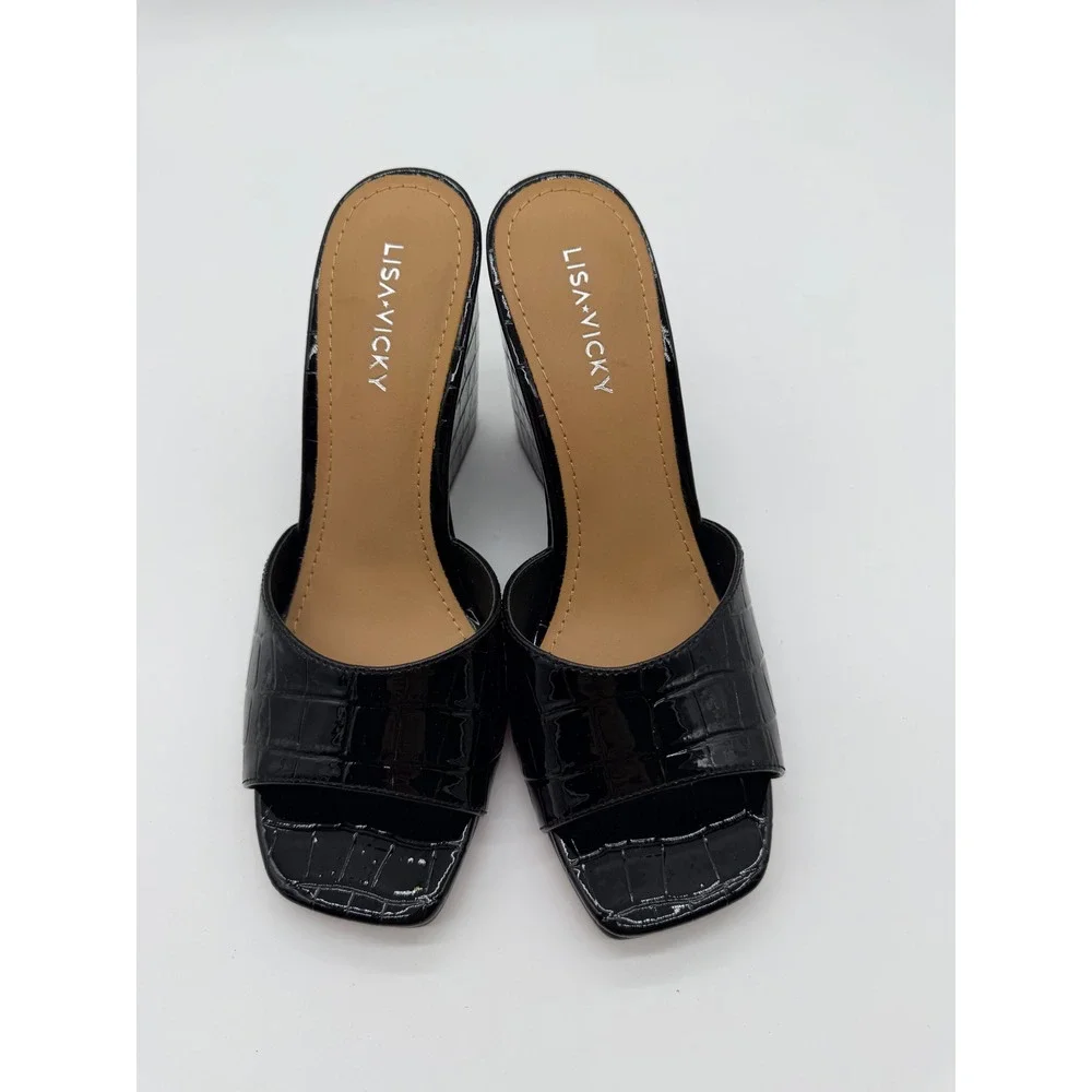 Lisa‎ Vicky Adore-V Black Croc Patent Wedge Sandals Square Toe Mules Size 7.5